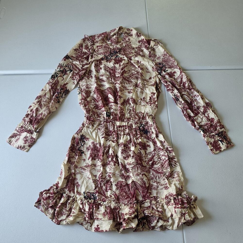 Zadig & Voltaire Dress Small Cream Toile Leopard Long Sleeve Smocked Mini Italy